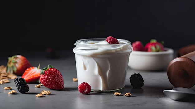 A jar of yogurt with berries on the side