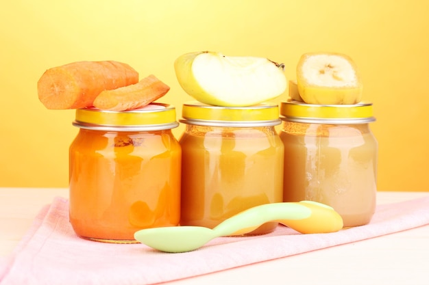 Jars of baby puree with spoon on napkin on yellow background