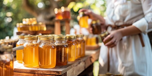 Photo jars of fresh honey at outdoor market stall with sunlight and greenery