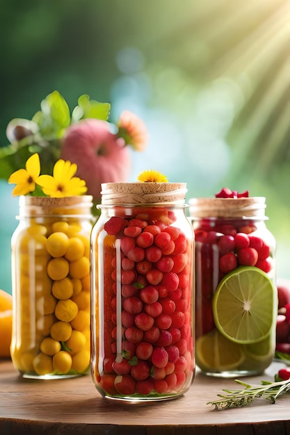 Jars of fruit and vegetables on a table