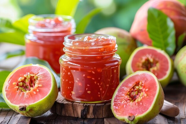 Photo jars of guava jam and fresh guava fruit on a rustic wooden table