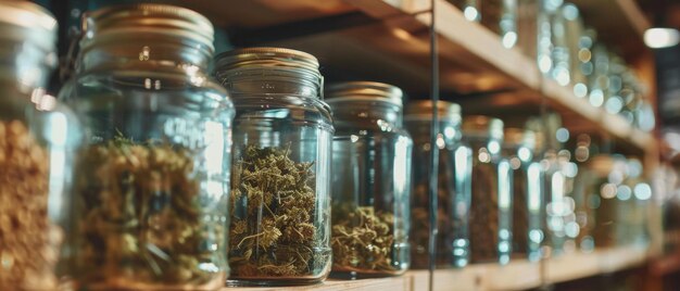 Jars of herbs on shelves in a rustic shop setting