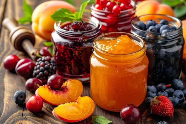 Photo jars of homemade jam and marmalade with various fruits