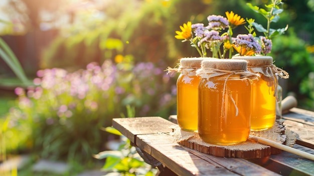 Jars of honey beautifully arranged on a wooden table in the garden