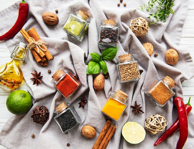 Jars with dried herbs spices