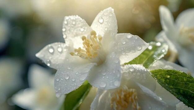 Jasmine flower adorned with dewdrops