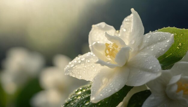 Jasmine flower adorned with dewdrops