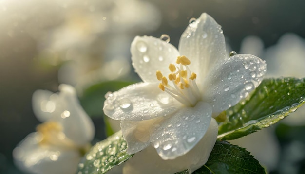 Jasmine flower adorned with dewdrops