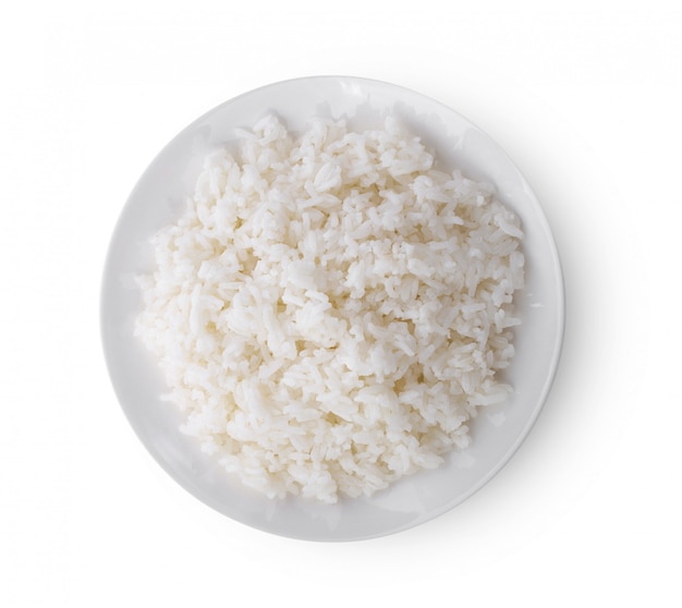 Jasmine rice in white plate on white wall. 