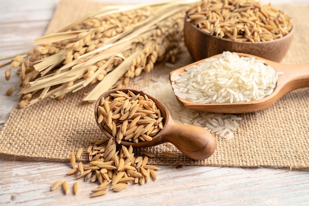 Jasmine white rice in wooden bowl with gold grain from agriculture farm