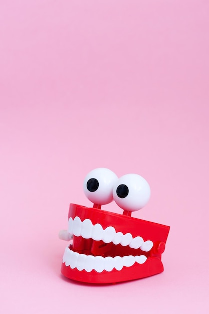 Jaw model with white teeth on a pink background. vertical photo. Oral hygiene.