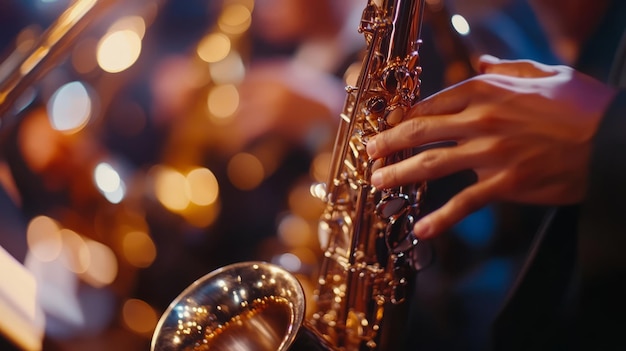 Photo jazz band closeup instruments in the spotlight