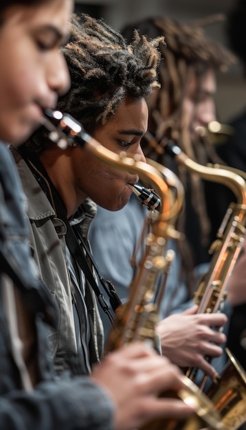 Photo jazz band practice session students playing saxophones trumpets and double bass at music school