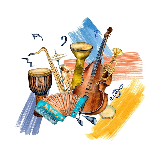 Jazz musical instruments signs and paint stroke watercolor illustration isolated