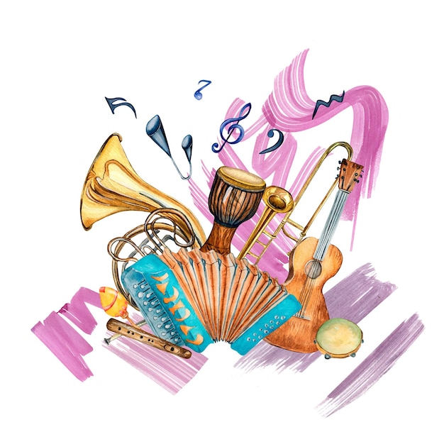 Jazz musical instruments watercolor illustration and paint stroke background isolated