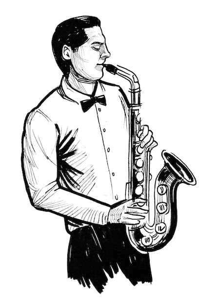 Jazz musician playing saxophone. Ink black and white drawing