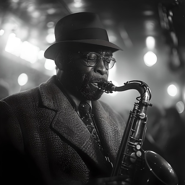 Jazz musician playing saxophone on stage spotlight and bokeh lights in monochrome emotion in music performance intimate concert setting generative AI