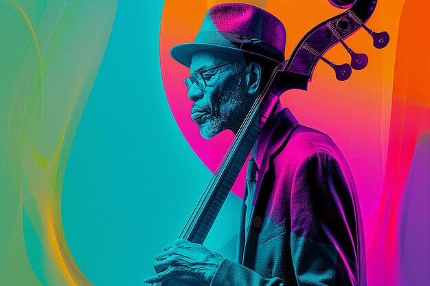 Photo jazz musician with double bass in colorful abstract background