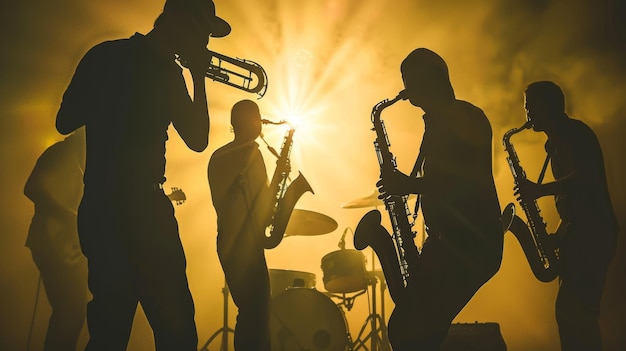 Jazz musicians animate a smoky illuminated stage with their soulful performance creating a captivating blend of light and sound