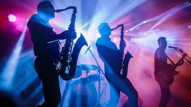 Jazz musicians silhouetted against vibrant stage lighting passionately playing saxophones