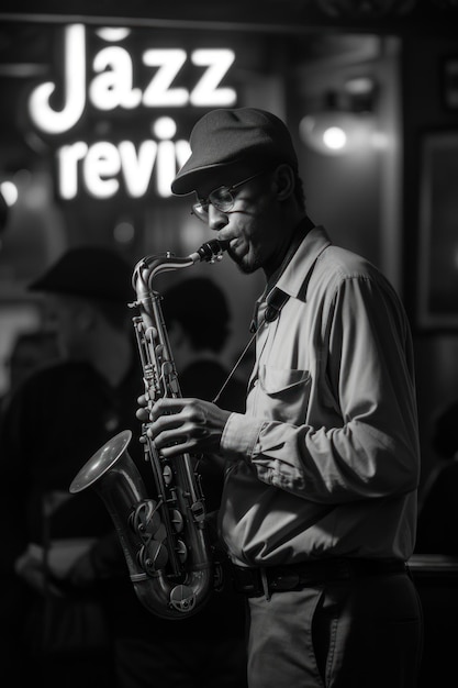 Photo jazz revival monochrome image of a saxophonist playing soulfully under a jazz revival neon sign