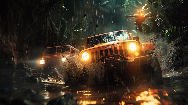 A jeep crashing in jungle epic shot