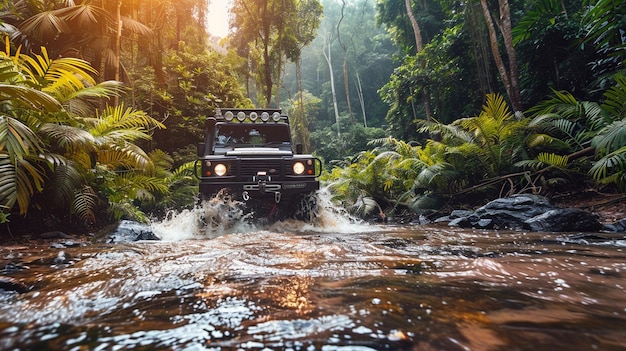 Jeep Crossing River in Jungle Adventure Scene