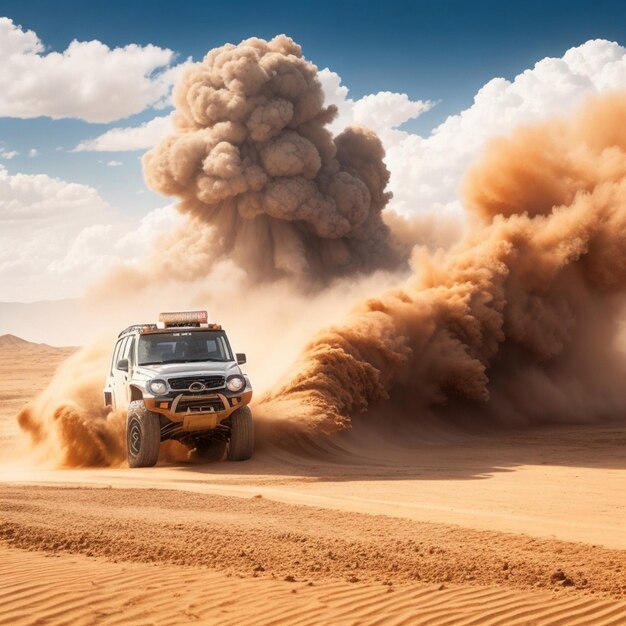 a jeep drives through the desert with a cloud of dust behind it