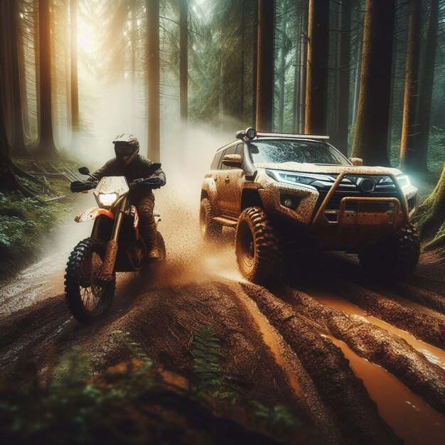 a jeep driving down a dirt road with a man on the back