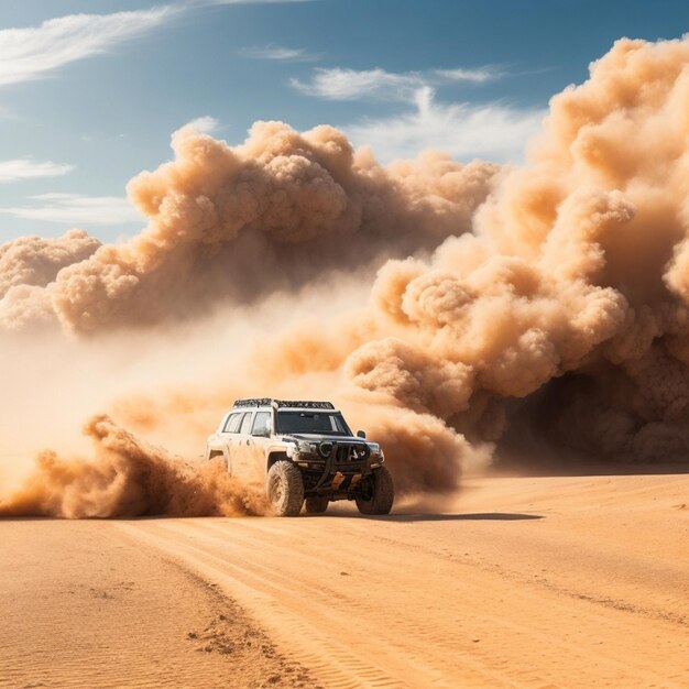 a jeep driving through the sand with a cloud of dust behind it