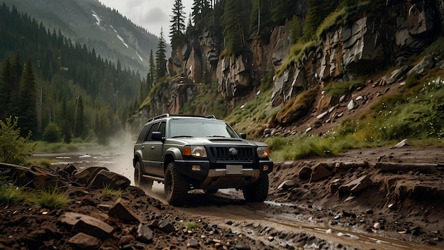 a jeep is driving down a dirt road with trees on the side