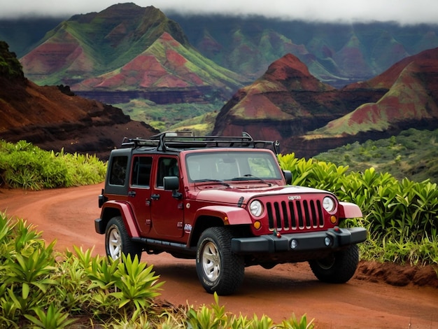 a jeep is parked on a dirt road with mountains in the background