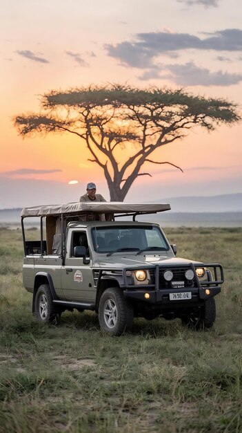 Photo jeep safari at serengeti national park pickup off road cars in african savannah tanzania