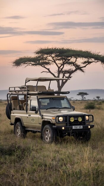 Photo jeep safari at serengeti national park pickup off road cars in african savannah tanzania