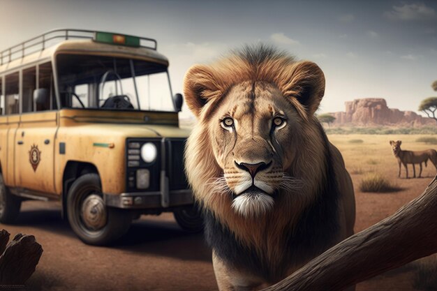 Jeep On Safari With A Lion Generative AI