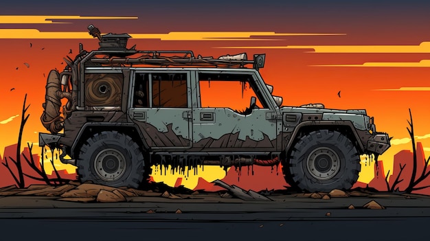 Photo jeep in sunset comicstyle pixelart with aggressive digital illustration