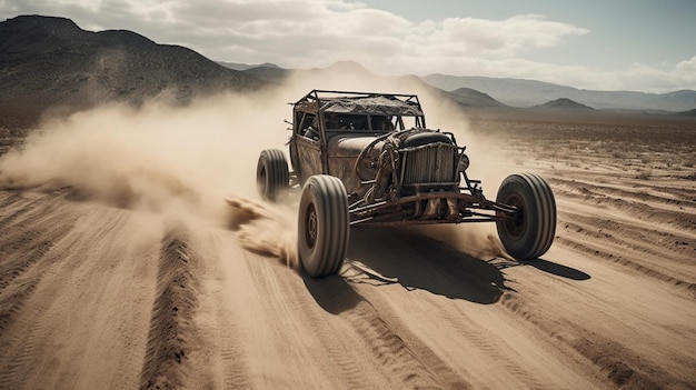 A jeep with a 4x4 on the front drives through the desert.