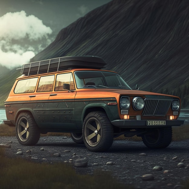 A jeep with a luggage rack on the roof is parked on a gravel road.