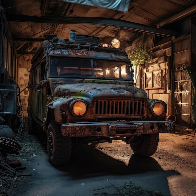 A jeep with the number 1 on the front is in a dark room.