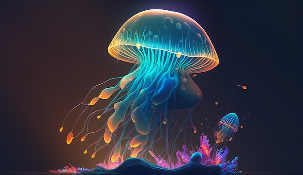 Jelly fish glowing neon illustration image Ai generated art