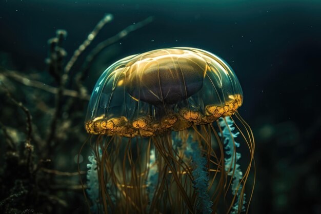 A jelly fish swimming in a tropical setting AI generated