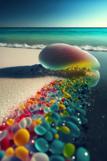 Jelly sitting on top of a sandy beach next to the ocean generative ai