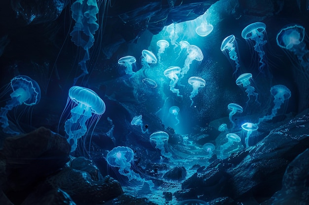 jellyfish in a cave with blue light