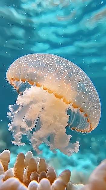 A jellyfish floating gracefully in clear blue water showcasing its delicate features