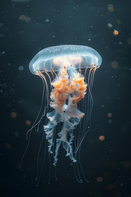 A jellyfish floating serenely in deep water its luminescent body glowing softly in the dark