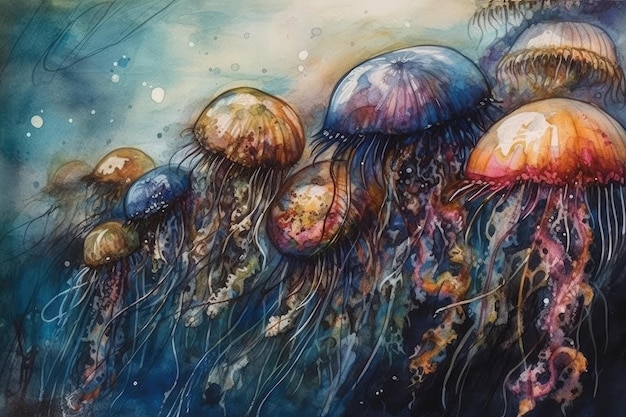 Jellyfish floating in a vibrant underwater scene Generative AI