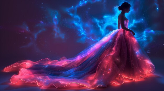 Photo a jellyfish girl floating in levitation on a dark ocean floor a beautiful white dress and a hat with tentacles fluttering about the water space alien creation art photo