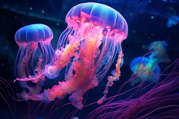 Jellyfish glowing pink color underwater Generate AI