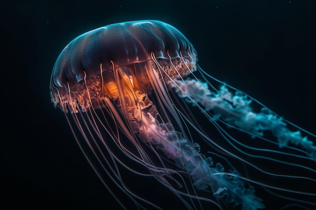 A jellyfish is lit up in a dark room.