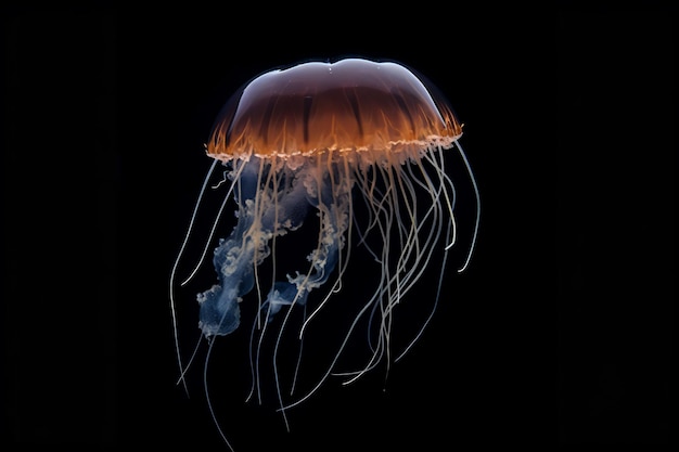 A jellyfish is photographed in the dark.